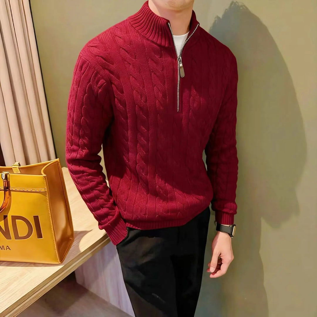Comfortable men's knitwear: a classic cable knit zip-up sweater for fall and winter.