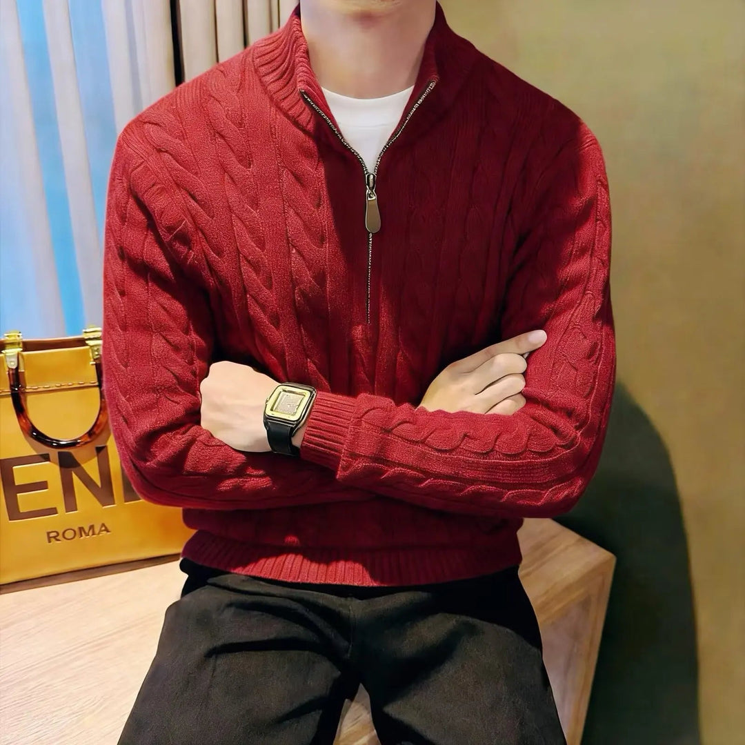 Versatile men's zip-up cable knit sweater, perfect for casual outfits & layering.