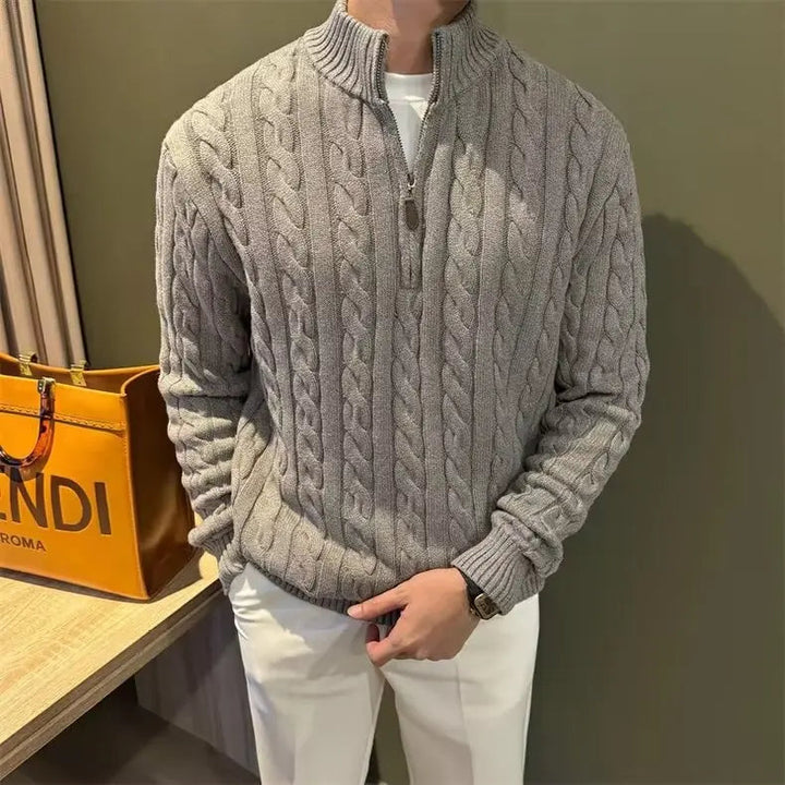 Layer up with this warm men's zip-up cable knit sweater, perfect for fall & winter comfort.