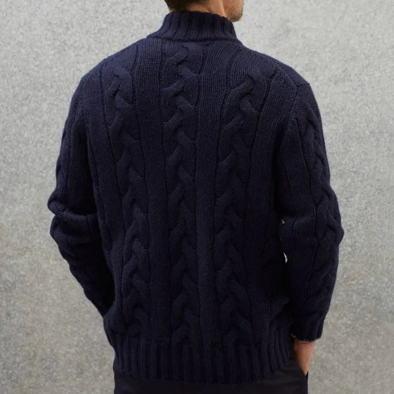 Cozy men's cable knit full-zip sweater, offering comfort and warmth for fall & winter.
