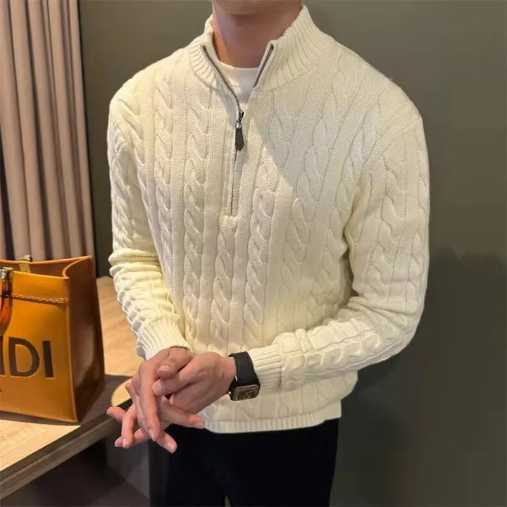 Full-zip men's cable knit sweater in a classic design, great for layering & warmth.