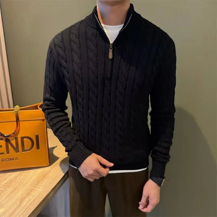 Men's apparel: a warm, stylish zip-up cable knit sweater for winter comfort.