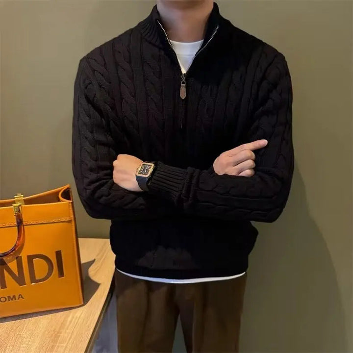Men's classic full-zip cable knit sweater, providing cozy warmth for fall and winter style.