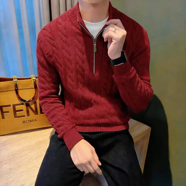 Elegant men's cable knit full-zip sweater, blending classic style with practical warmth.