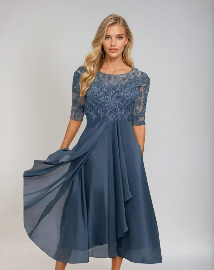 Elegant women's lace midi dress with three-quarter sleeves, perfect for formal occasions & party wear.