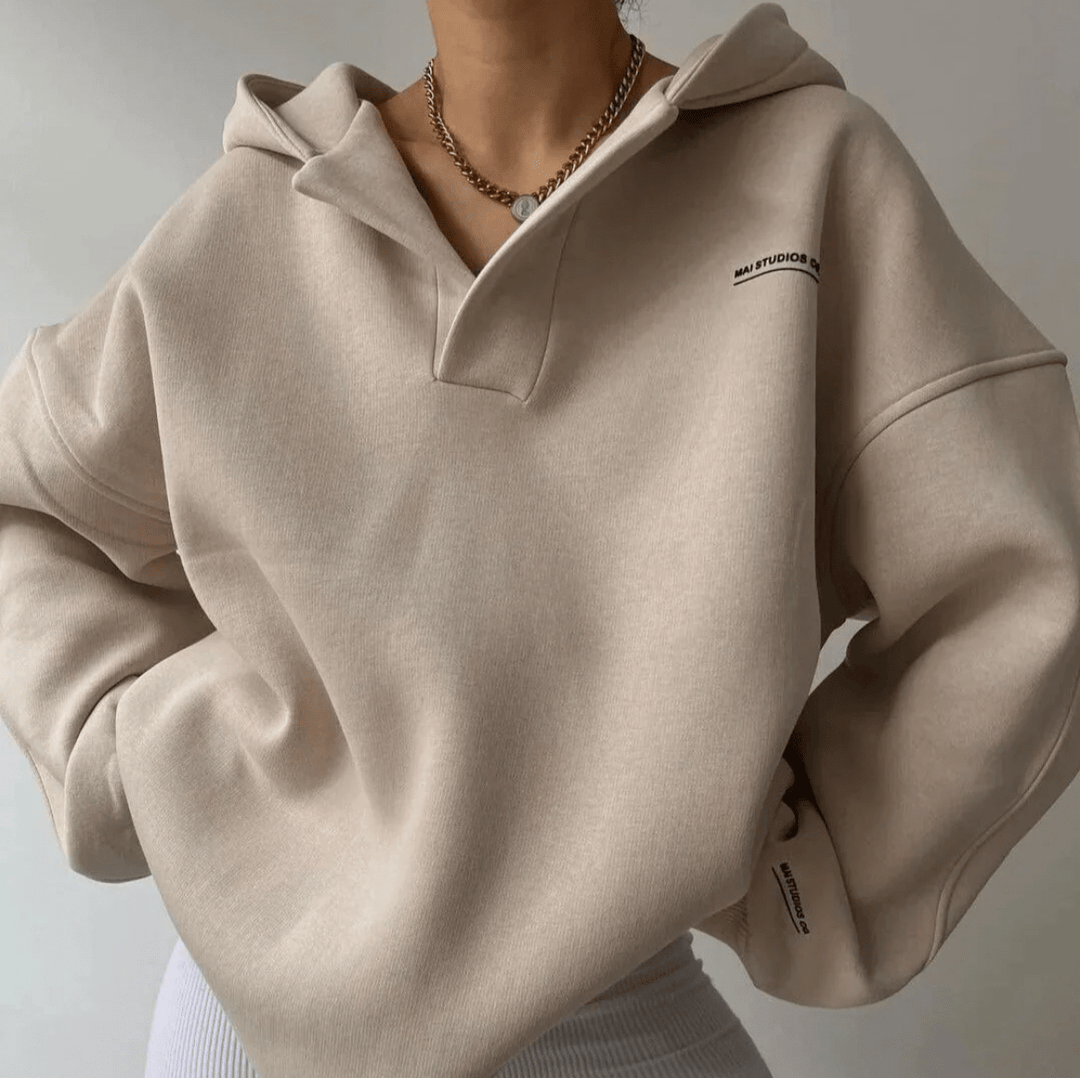 Women's drop shoulder oversized hoodie. Pullover style with a distinctive notch neck design.