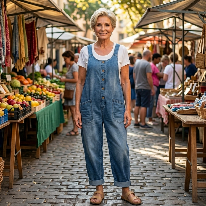 Close-up of women's relaxed fit vintage wash wide-leg overalls jumpsuit with detailed stitching and adjustable straps.