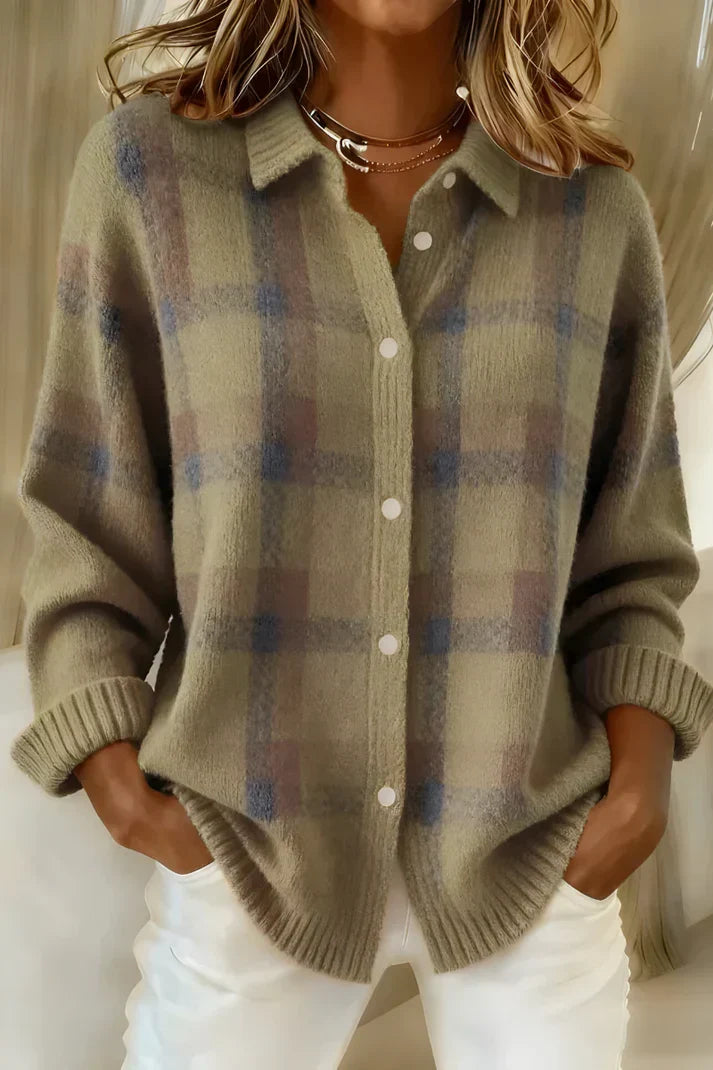 Women's long-sleeve checkered cardigan. Elegant button-front, cozy knit for stylish layering and comfort.
