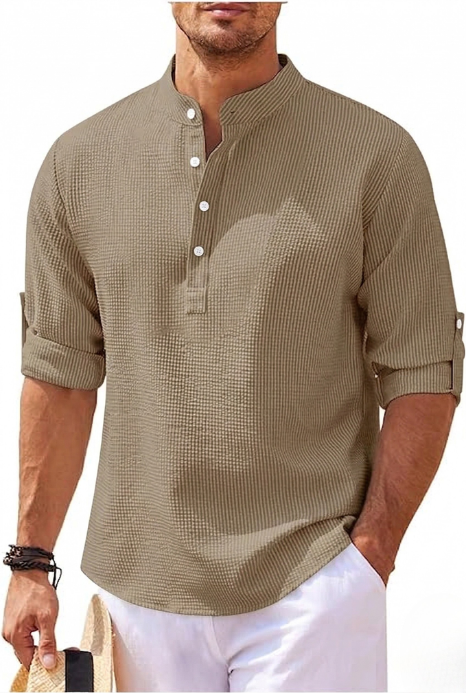 Men's modern band collar shirt in a relaxed fit. A stylish and comfortable casual button-down top for daily fashion.