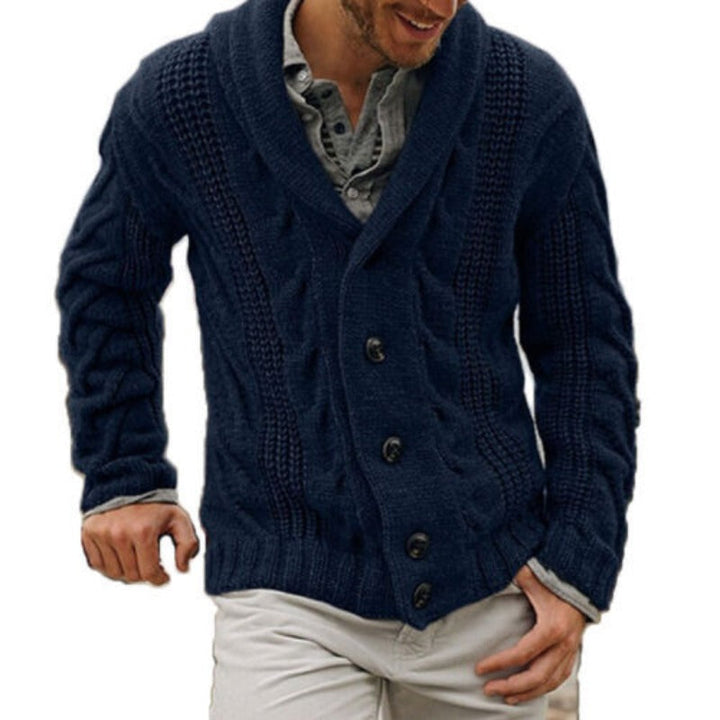 Men's classic knitted button-up cardigan for warm, comfortable layering. Ideal fall & winter casual wear.