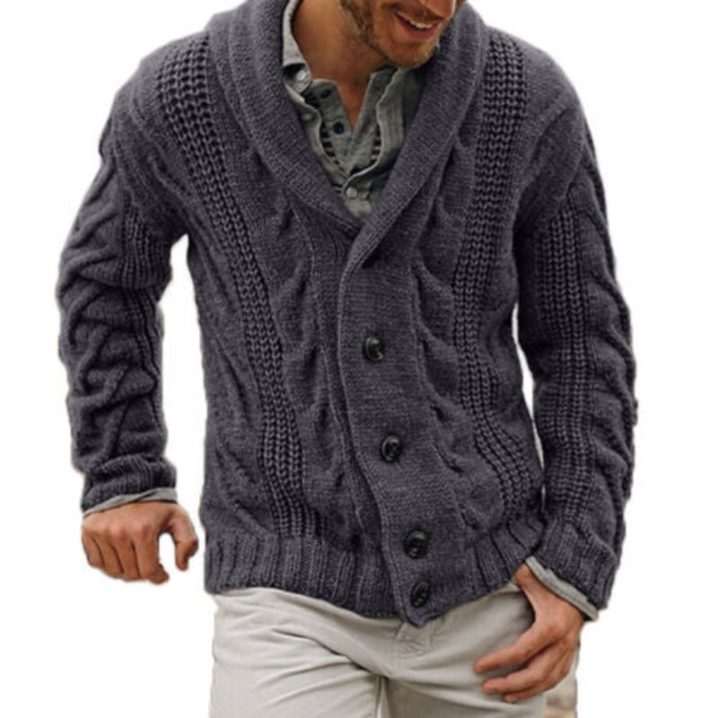 Stylish men's button-up knit cardigan, perfect for fall fashion & winter comfort. Classic, warm layering piece.