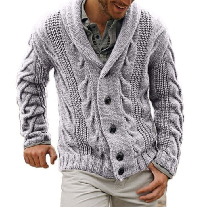 Cozy men's knitted cardigan with buttons. A classic layering top for versatile everyday comfort & style in cooler weather.
