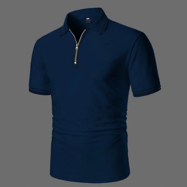 Breathable men's short sleeve zip-neck polo, offering a comfortable, smart casual look for warmer weather.