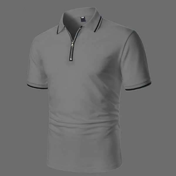 Versatile men's zip-neck polo shirt, ideal for smart casual wear or everyday summer fashion with its short sleeves.