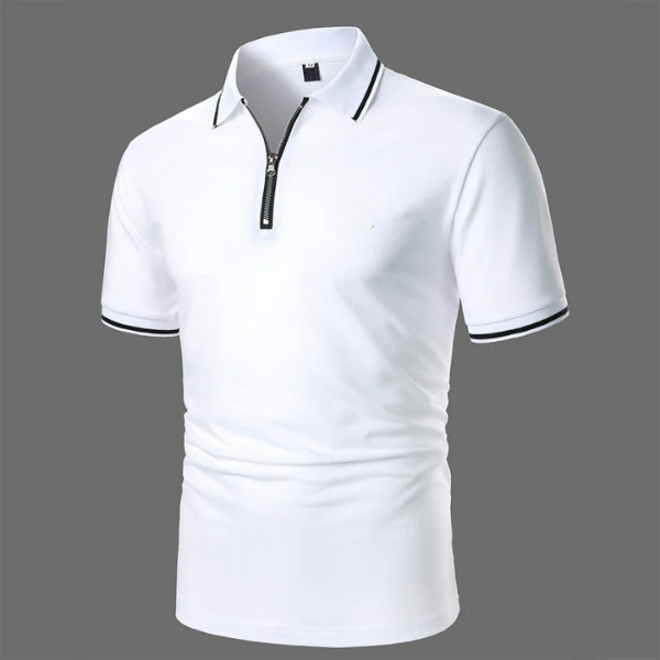 Stylish men's short sleeve zip-neck polo, designed for comfortable smart casual appeal and modern summer fashion.