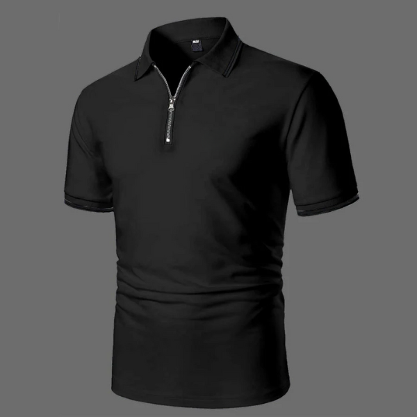 Men's smart casual zip-neck polo shirt, short sleeve, perfect for versatile everyday style and summer wear.