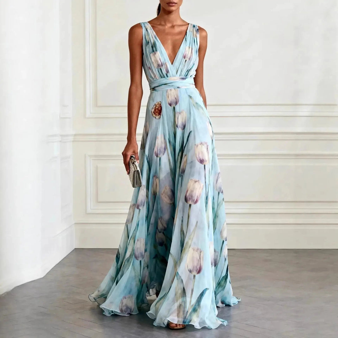 Elegant women's tulip print maxi wrap dress with a flattering V-neck, perfect for formal occasions & wedding guests.