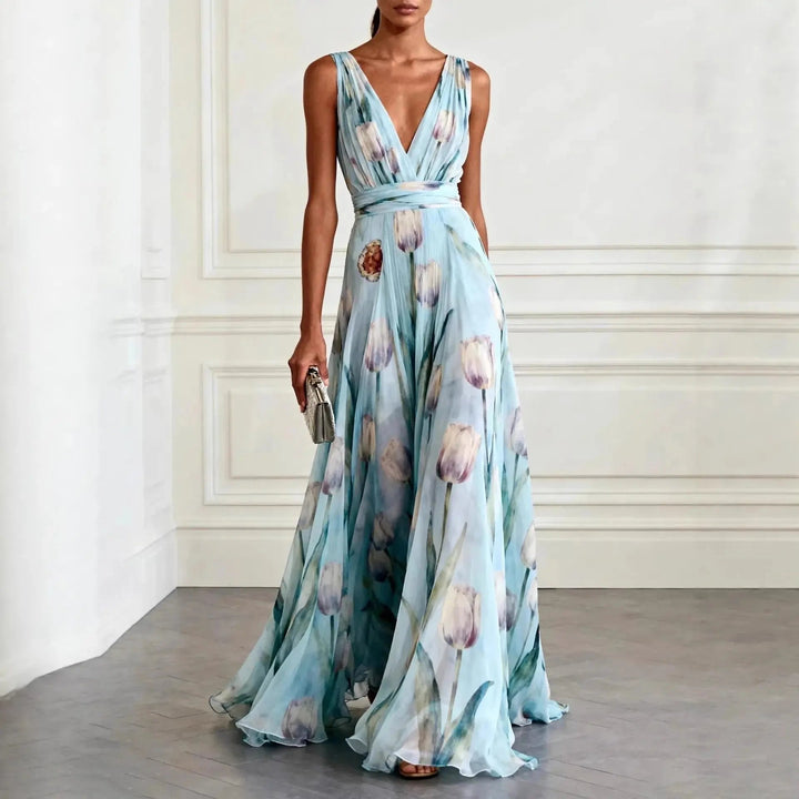 Elegant women's tulip print maxi wrap dress with a flattering V-neck, perfect for formal occasions & wedding guests.