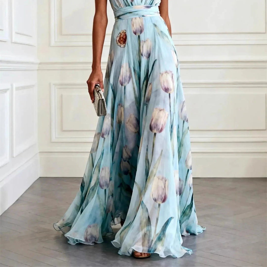 Floral tulip print maxi wrap dress for women, featuring a stylish V-neck. Ideal formal wear & party dress.