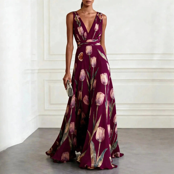 Stylish V-neck women's wrap maxi dress in a vibrant tulip floral print. A chic choice for formal fashion.