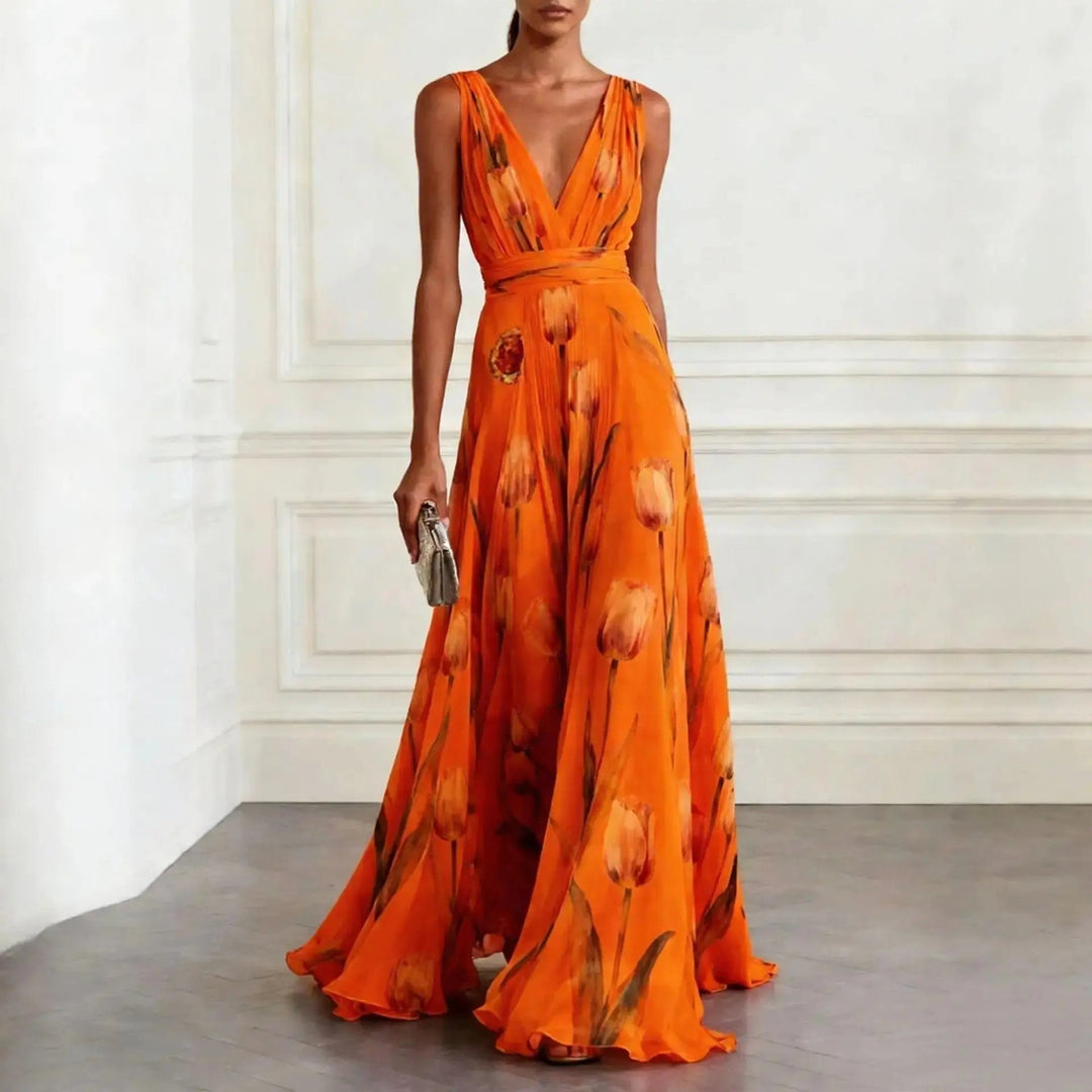 Women's elegant V-neck maxi wrap dress with a unique tulip floral print. Perfect occasion or wedding guest dress.