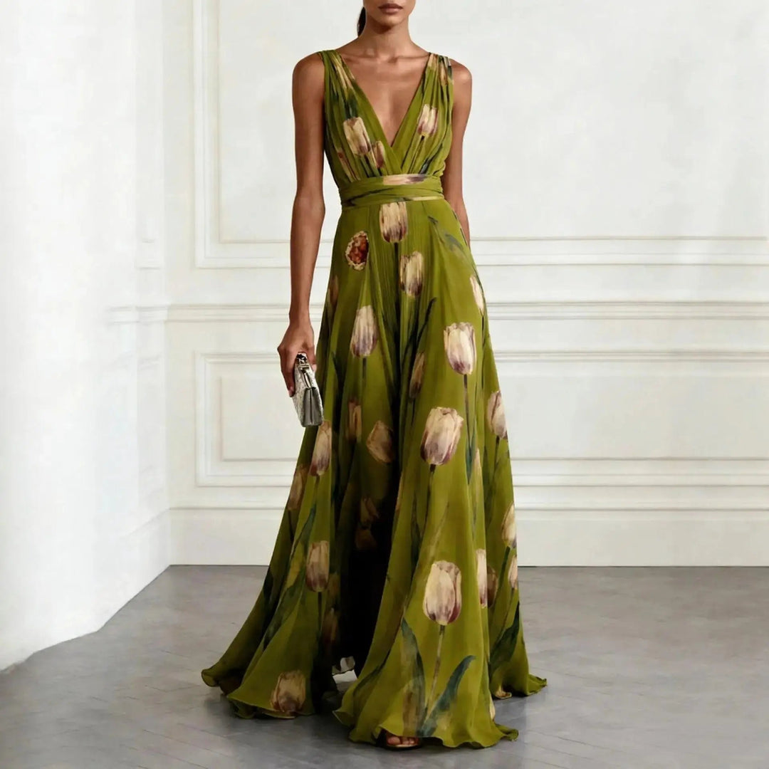 Formal women's tulip print maxi wrap dress. Features an elegant V-neck, ideal for sophisticated party wear.