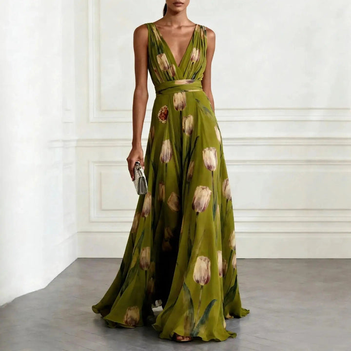 Formal women's tulip print maxi wrap dress. Features an elegant V-neck, ideal for sophisticated party wear.