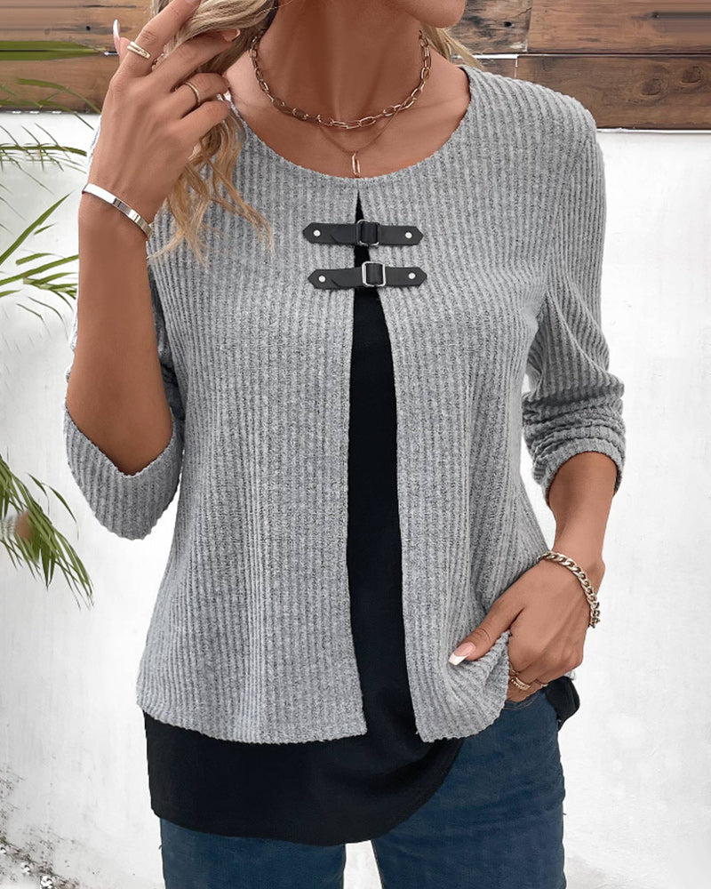 Comfortable women's casual layered long sleeve top, perfect for everyday style with color block details.