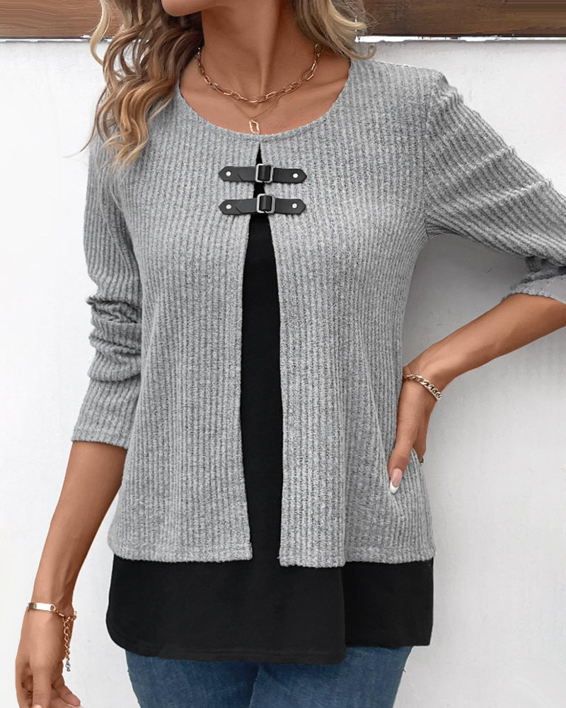 Fashionable women's patchwork color block long sleeve top, a versatile layered piece for casual outfits.