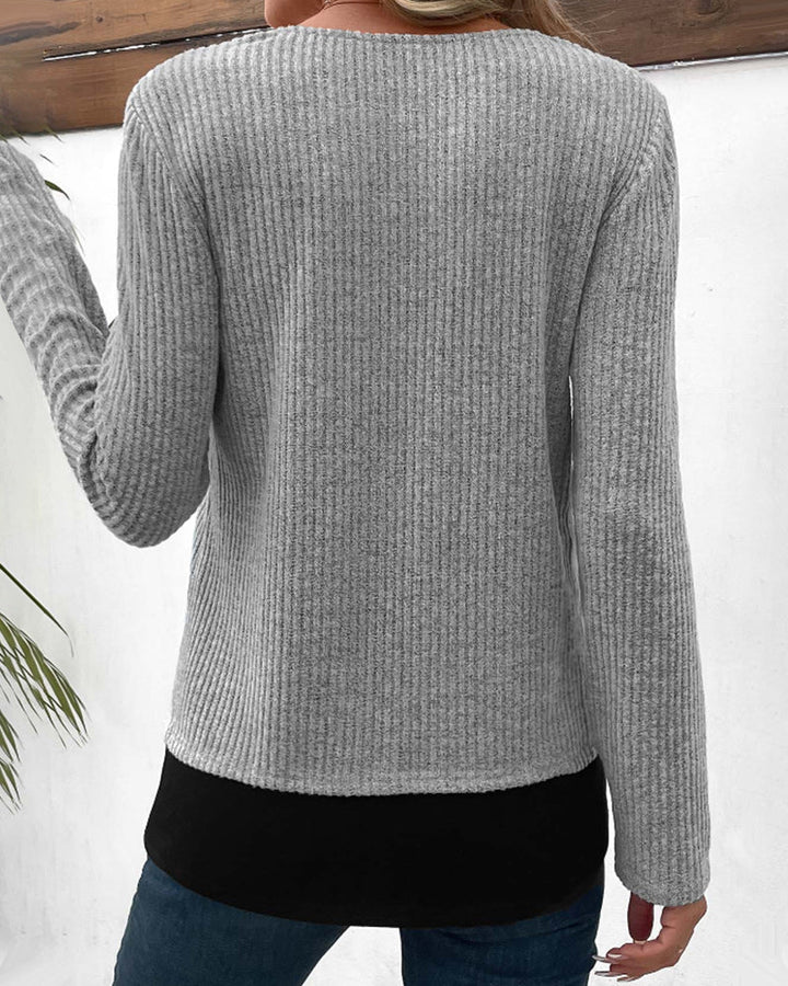 Unique women's layered long sleeve top with eye-catching color block and patchwork, great for any season.
