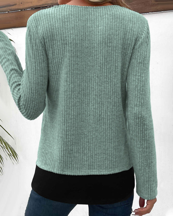 Everyday women's top: a casual layered long sleeve with trendy color block and patchwork for relaxed fit.