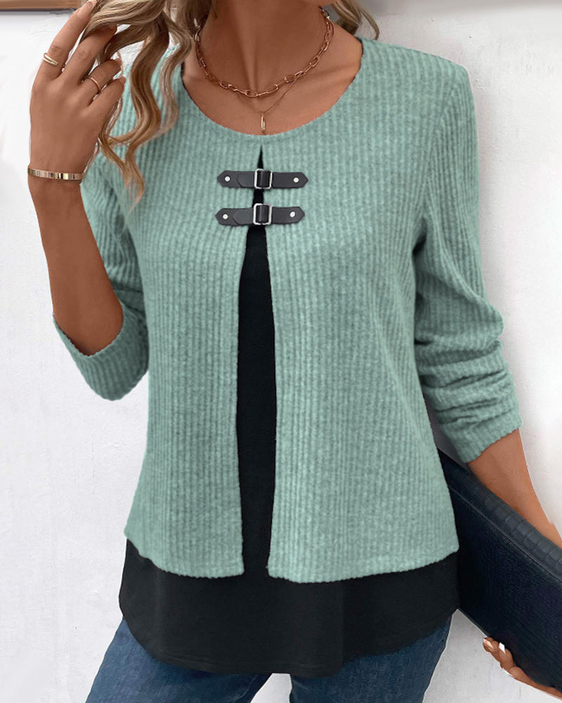 Trendy women's casual layered long sleeve top, featuring a stylish color block and patchwork design.