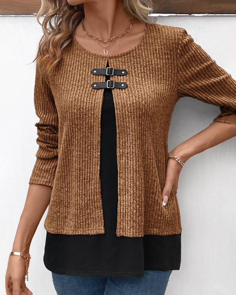 Women's long sleeve layered top, casual color block & patchwork for versatile everyday spring & fall fashion.