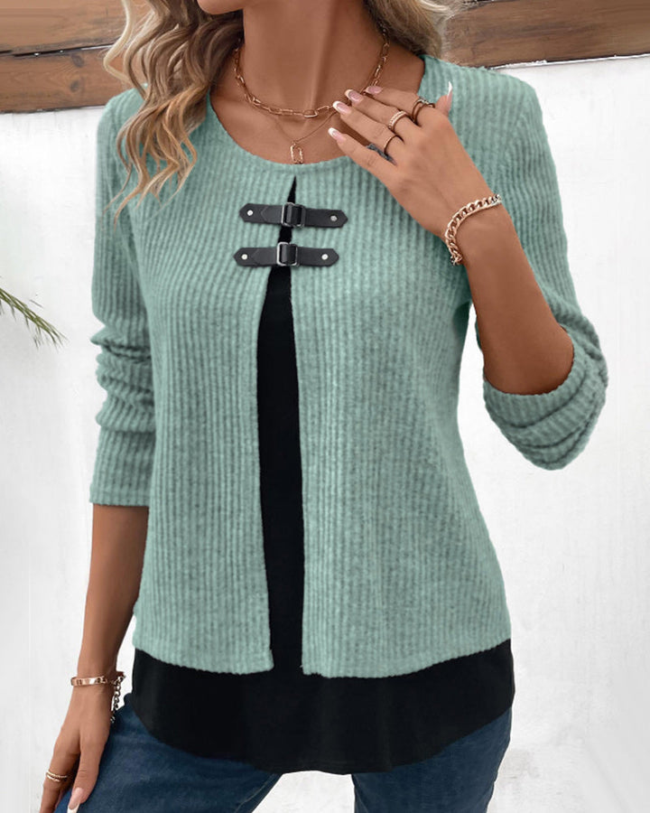 Versatile women's long sleeve layered top with color block patchwork, ideal for fall & spring casual wear.