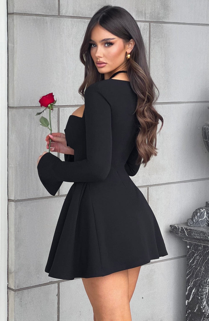 Textured pleated A-line long sleeve mini dress for women. Chic autumn party & occasion outfit.