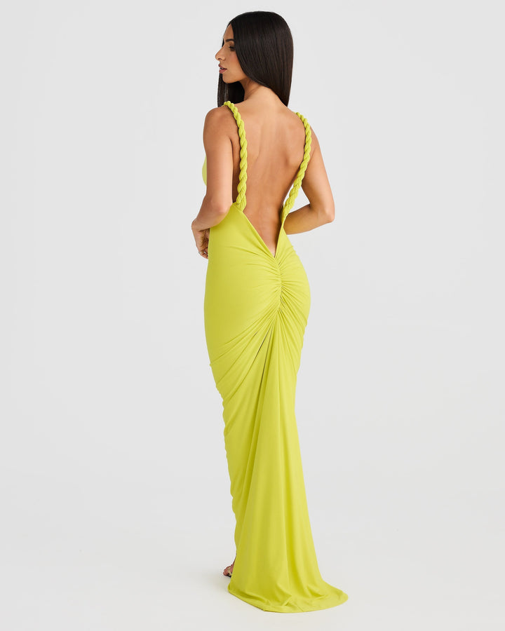 Elegant women's waterfall neckline maxi dress with a flattering silhouette, perfect for formal events.