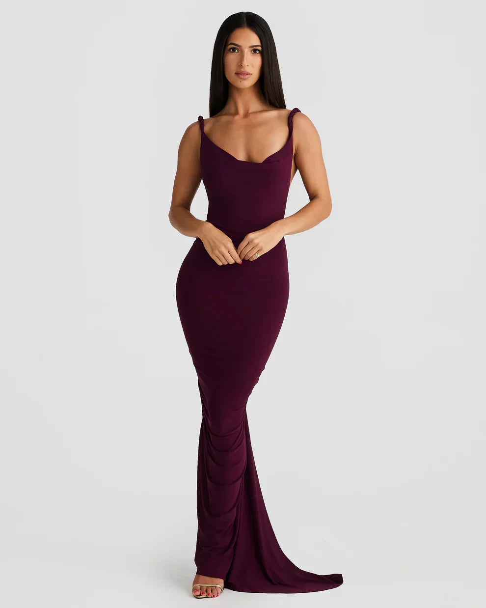 Flattering women's waterfall neckline maxi dress, a chic and comfortable evening gown for elegant events.
