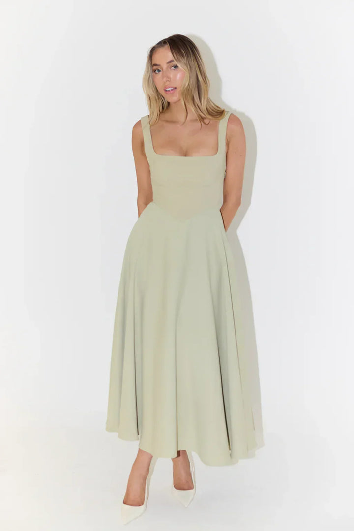 Women's fashionable high waist square neck midi dress, perfect for elegant, comfortable summer style.