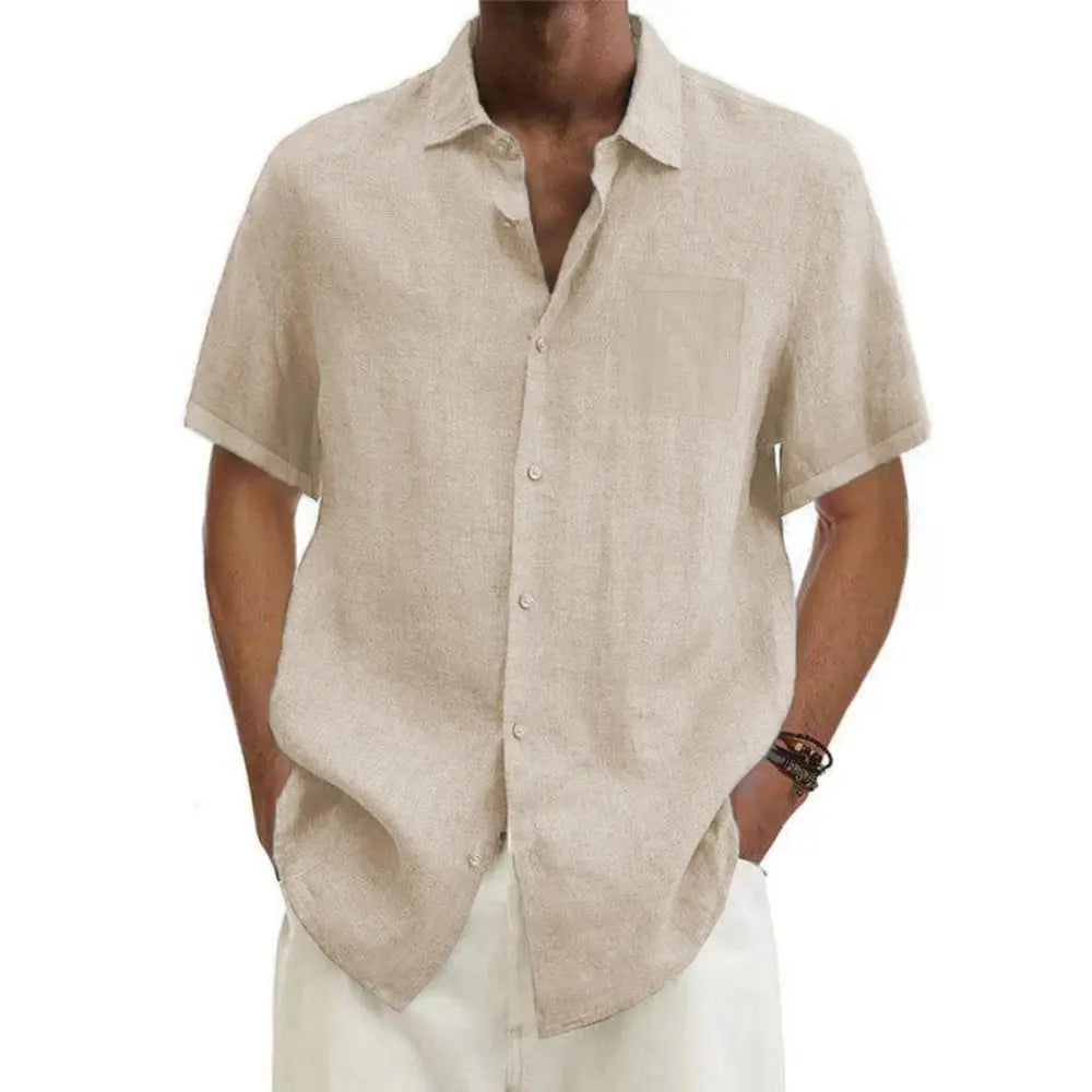 Men's short sleeve linen button-up shirt with classic collar, perfect for summer casual wear.