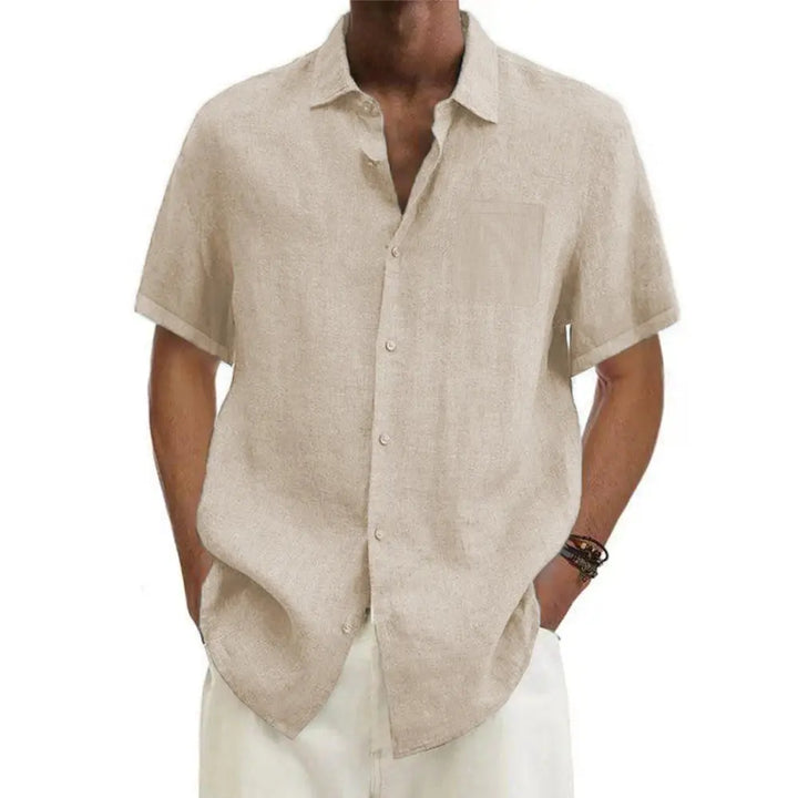 Men's short sleeve linen button-up shirt with classic collar, perfect for summer casual wear.
