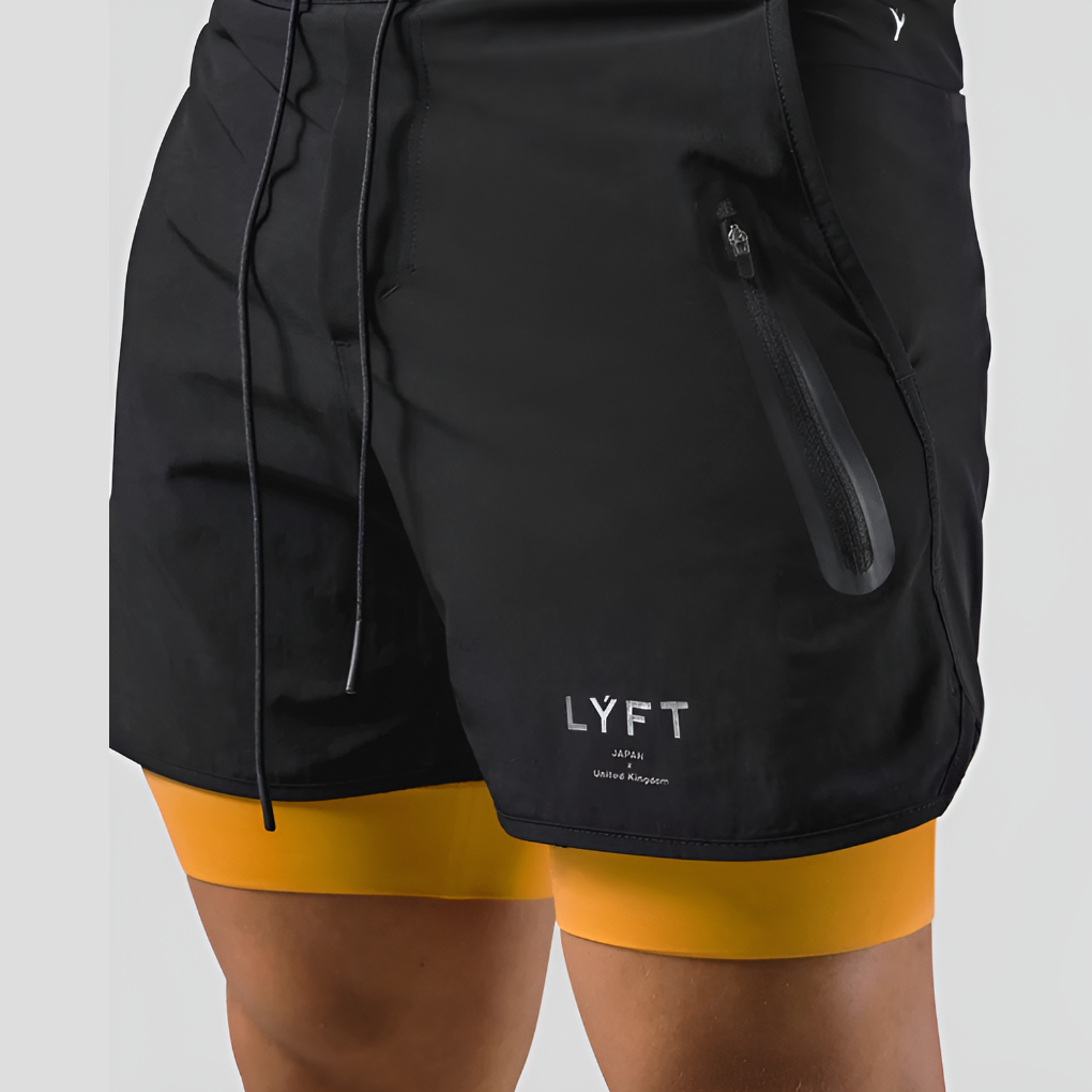 Men's 2-in-1 athletic shorts with compression liner for running & gym workouts. Performance activewear.