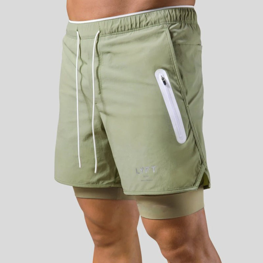 Stylish men's 2-in-1 gym shorts, comfortable and supportive with inner compression for active wear.