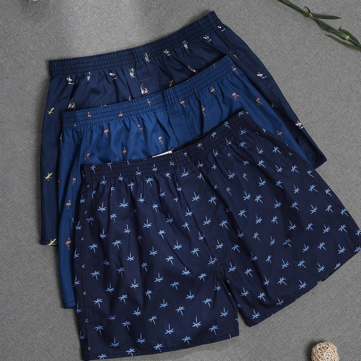 Men's cotton boxer shorts 3-pack. Modern plant print, soft breathable daily wear underwear set.