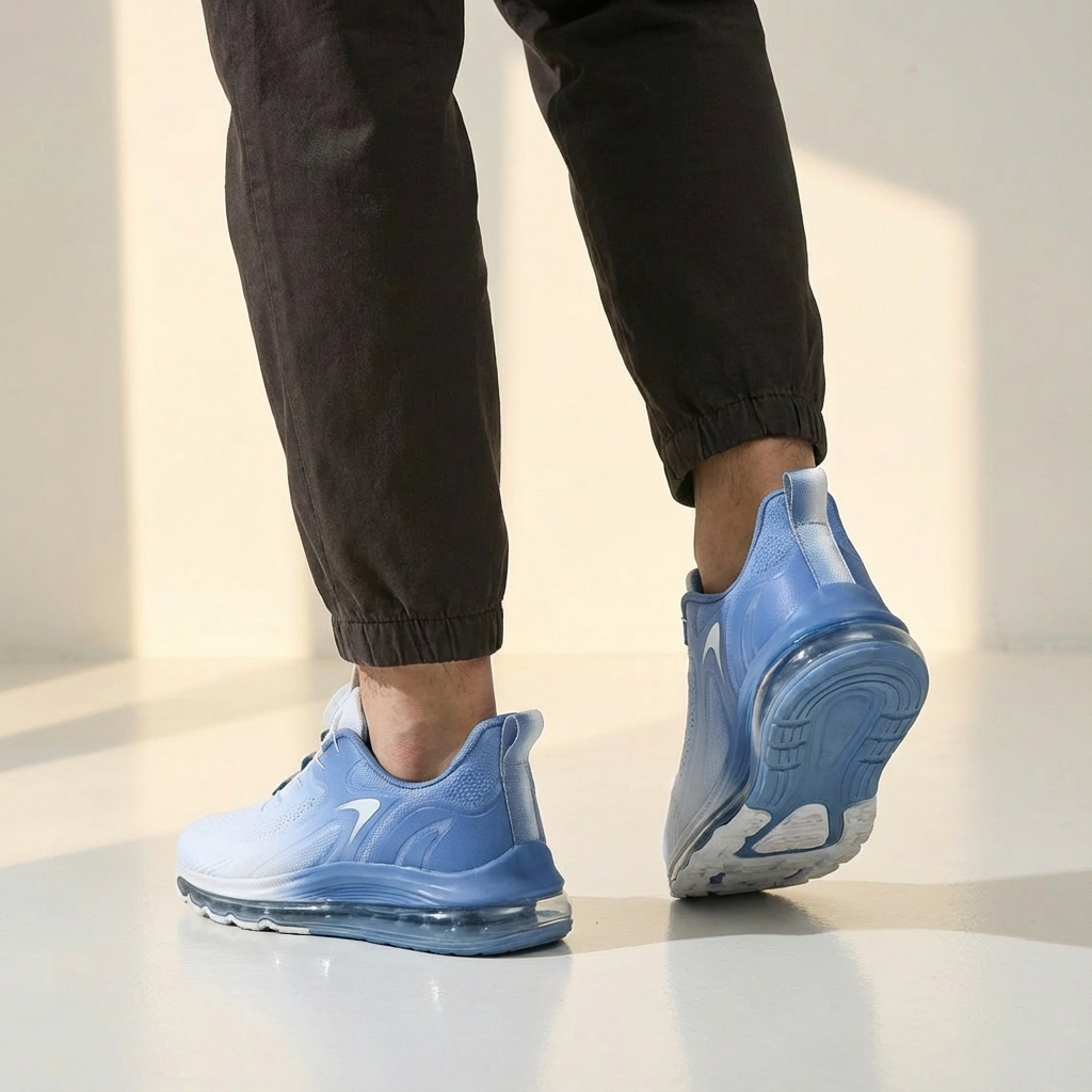 Close-up of air cushion sole on men's active sports shoes, providing superior comfort & shock absorption.