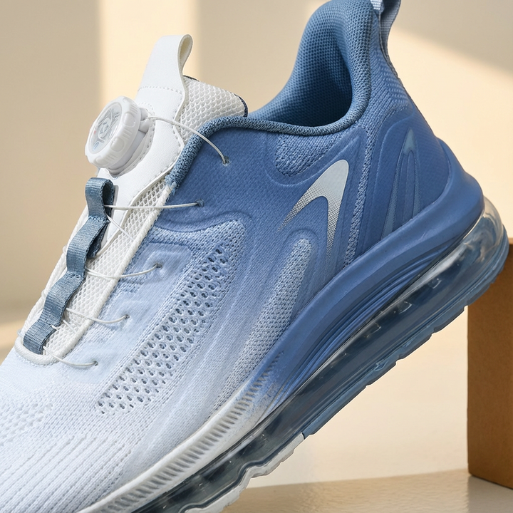Comfortable men's lace-up sports shoes with air cushion sole, shown worn for active use.