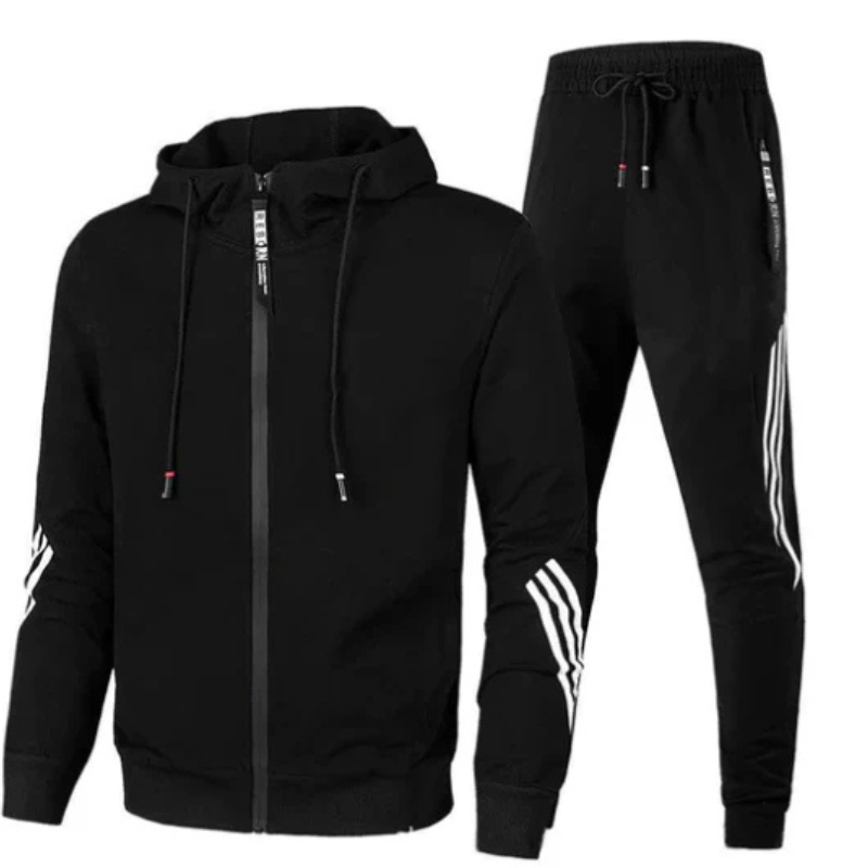 Modern men's active set with a full zip hoodie and matching joggers. A versatile two-piece tracksuit for various occasions.