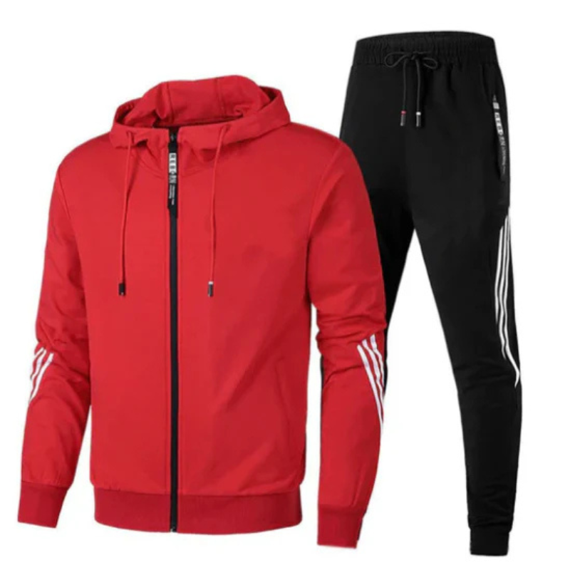 High-quality men's full zip hoodie tracksuit. Comfortable joggers complete this athletic two-piece activewear set.