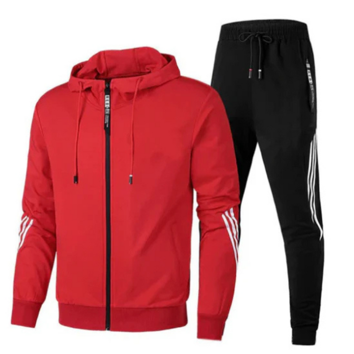 High-quality men's full zip hoodie tracksuit. Comfortable joggers complete this athletic two-piece activewear set.