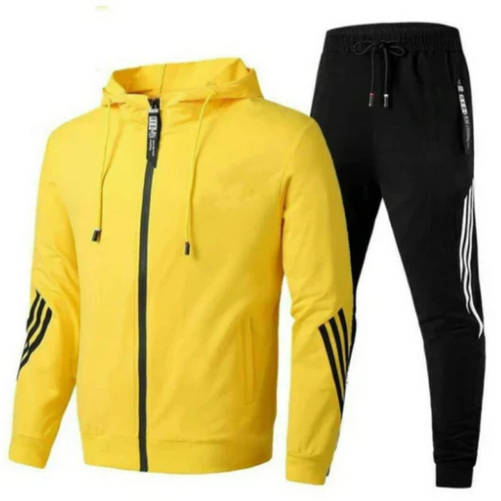 Men's fashion full zip hoodie tracksuit. A sleek two-piece set with joggers, suitable for activewear or casual style.