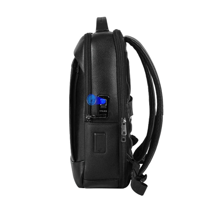 Secure men's anti-theft laptop backpack featuring a modern fingerprint lock for safe business travel & daily use.